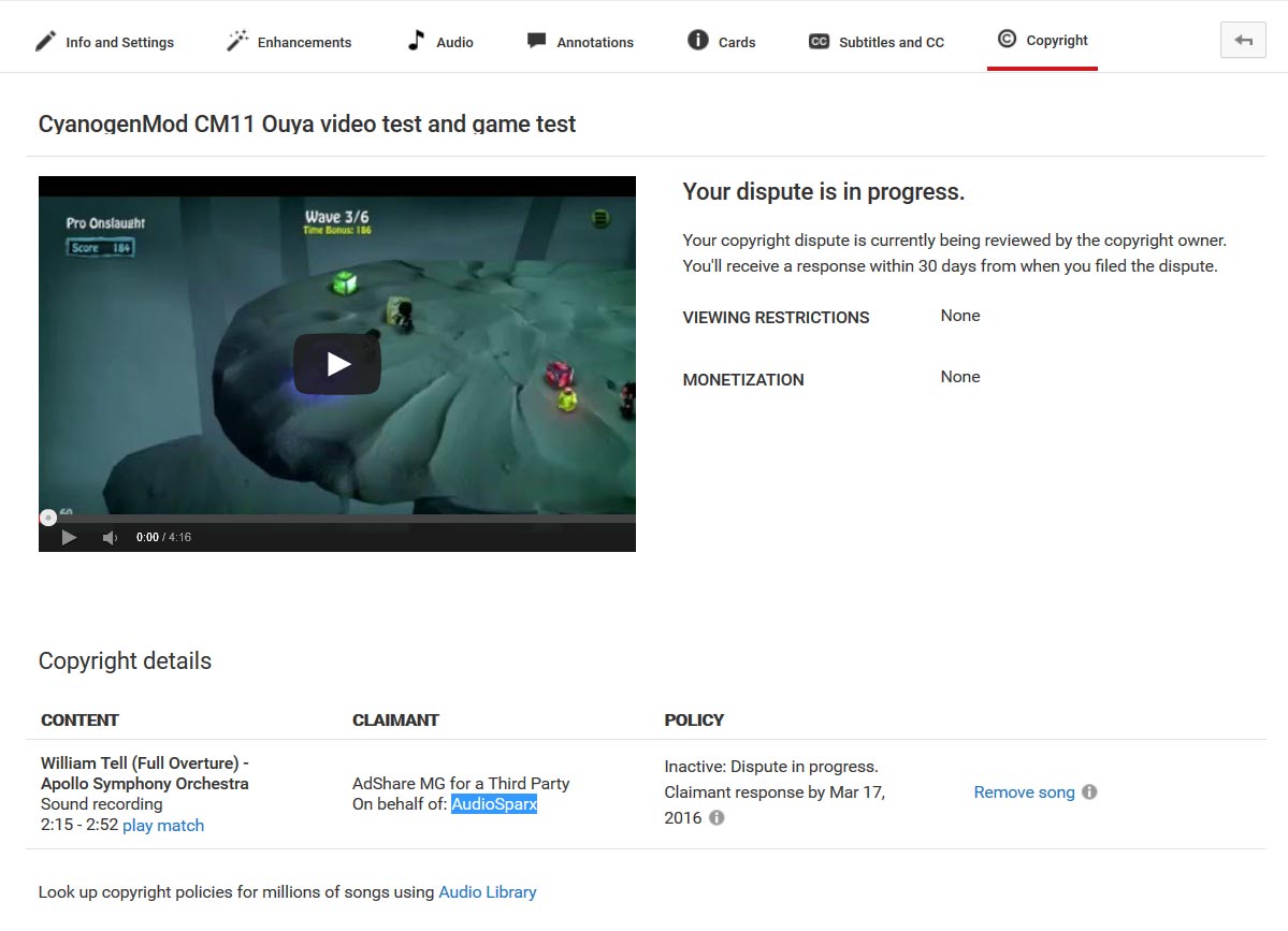 YouTube Copyright Claim.