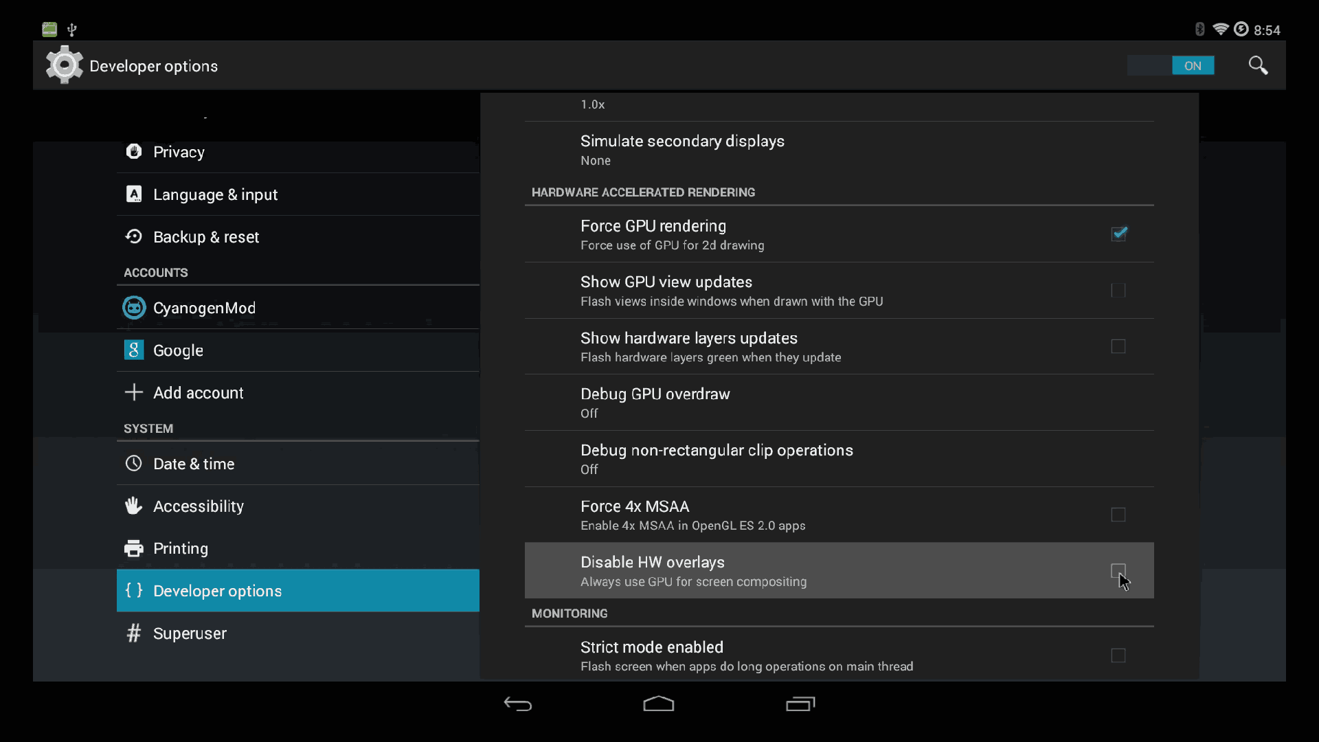 CM11 - Cyanogen 11 settings > developer options > Disable HW Overlay