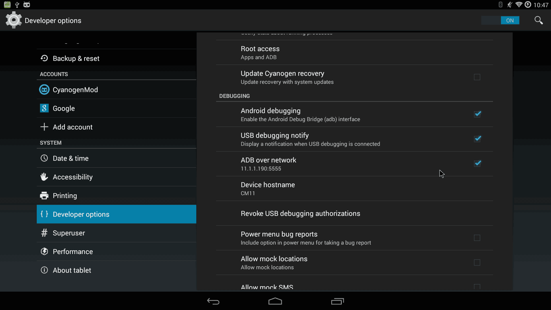 CM11 - Ouya on Cyanogen 11 - ADB Settings over network IP address