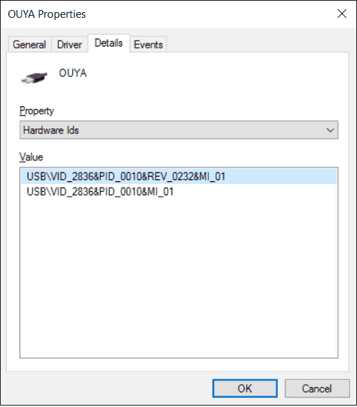 Windows 10 - Hardware ID for the Ouya ADB Bridge.ADB driver