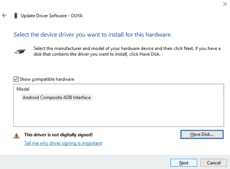Windows 10 x64 - Select driver for Ouya Cyanogen ADB bridge.
