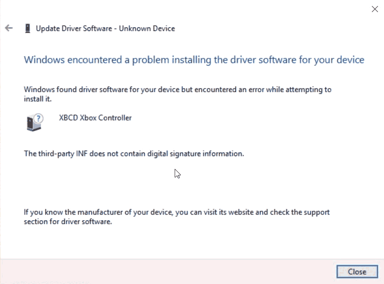 XBCD - Third-party INF does not contain digital signature information.