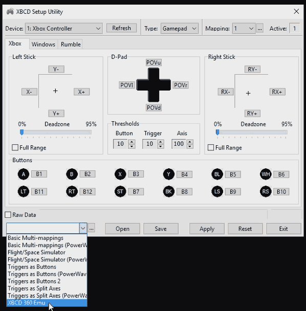 Selecting a profil in the XBCD utility.