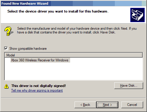 Xbox receiver driver for windows XP - Driver locked in.