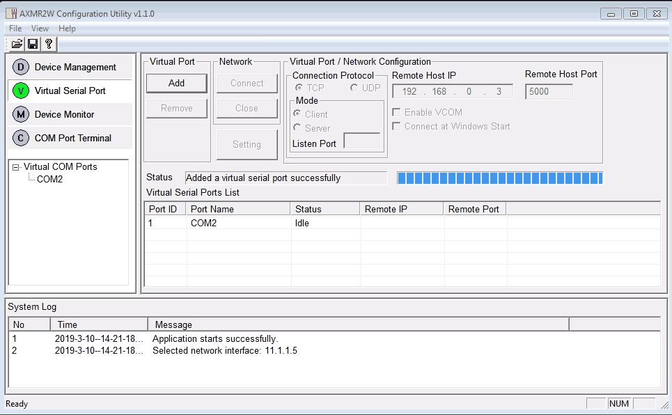 AXMR2W - Configuration Utility - Adding Virtual Port Successful.