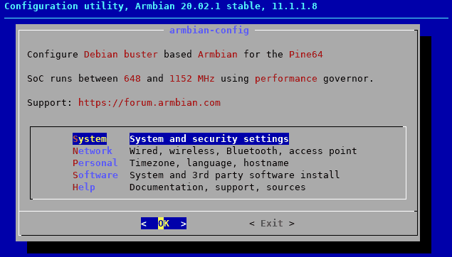 Armbian Config Main Menu.