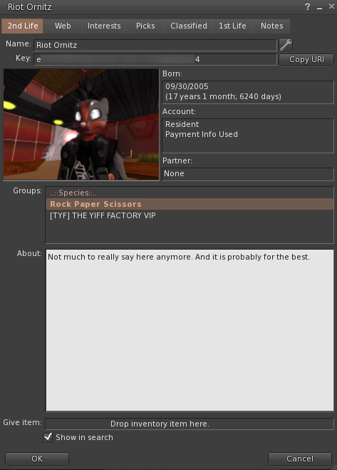 Riot Ornitz ID Card from SecondLife.