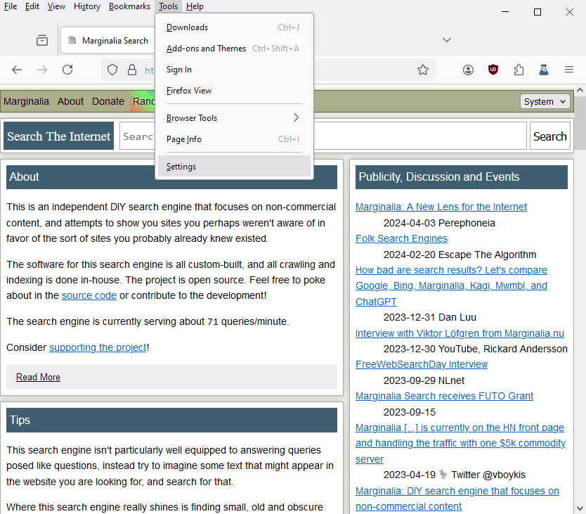 Firefox classic mode - altkey + settings and tools.