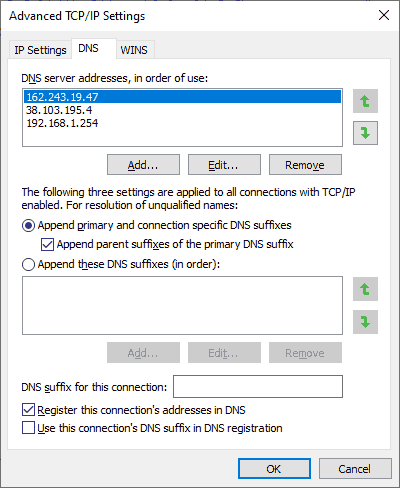 Windows 10 TCP Advanced Settings to add DNS servers.