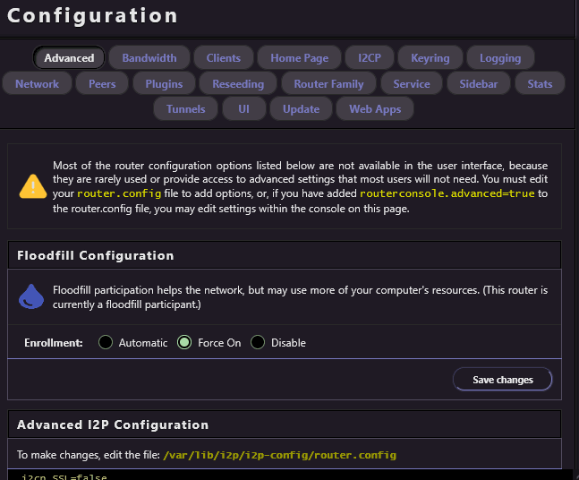 The advanced settings within the I2P router.
