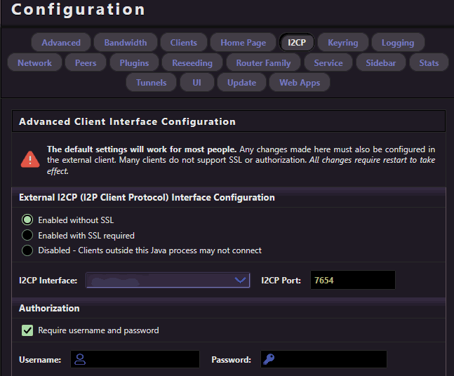 I2CP changing address for the router website configuration page within the UI.
