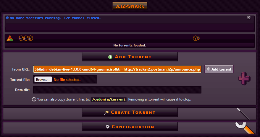 Magnet link paste to I2PSnark.