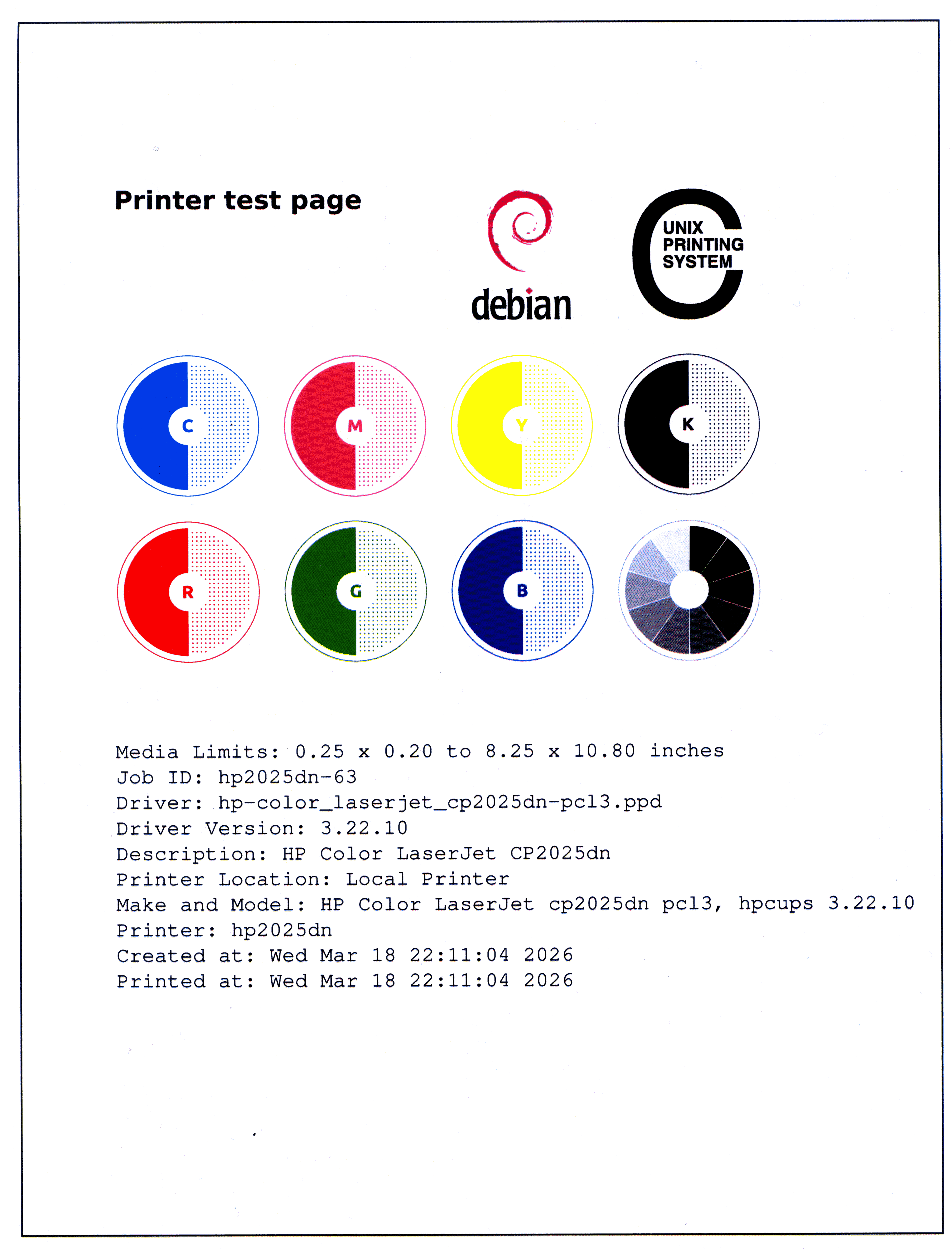 HP cp2025dn test page from Debian.